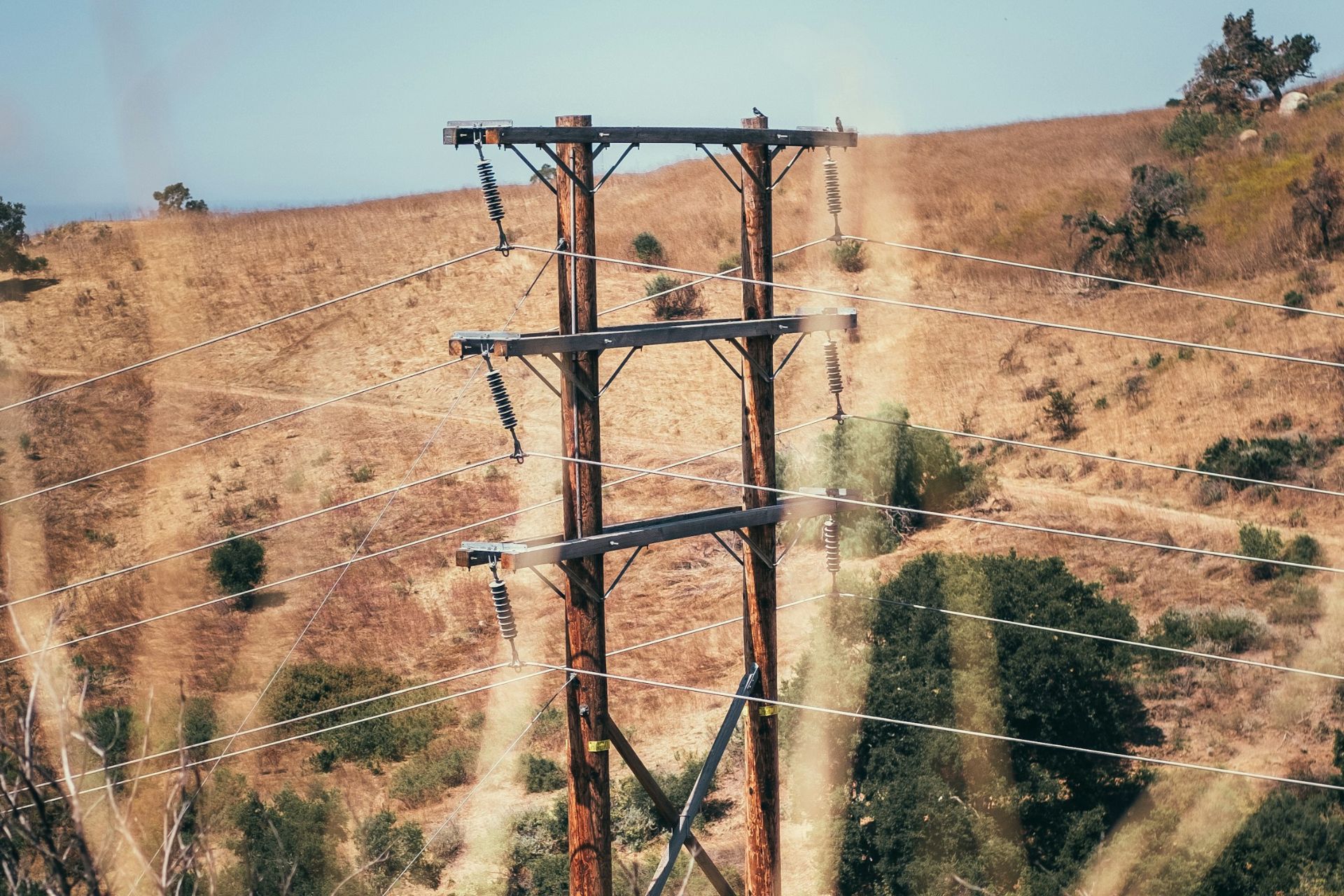 Utility company power lines on a hill full of dry brush