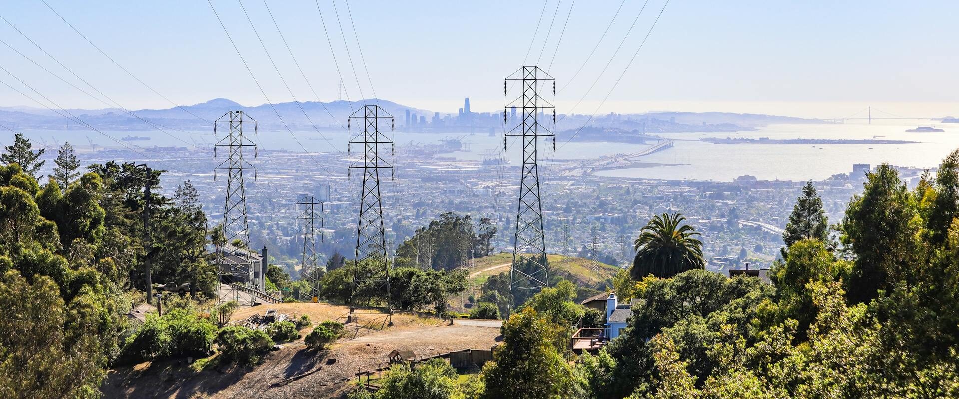 Transmission towers on a hill overlooking the Bay Area