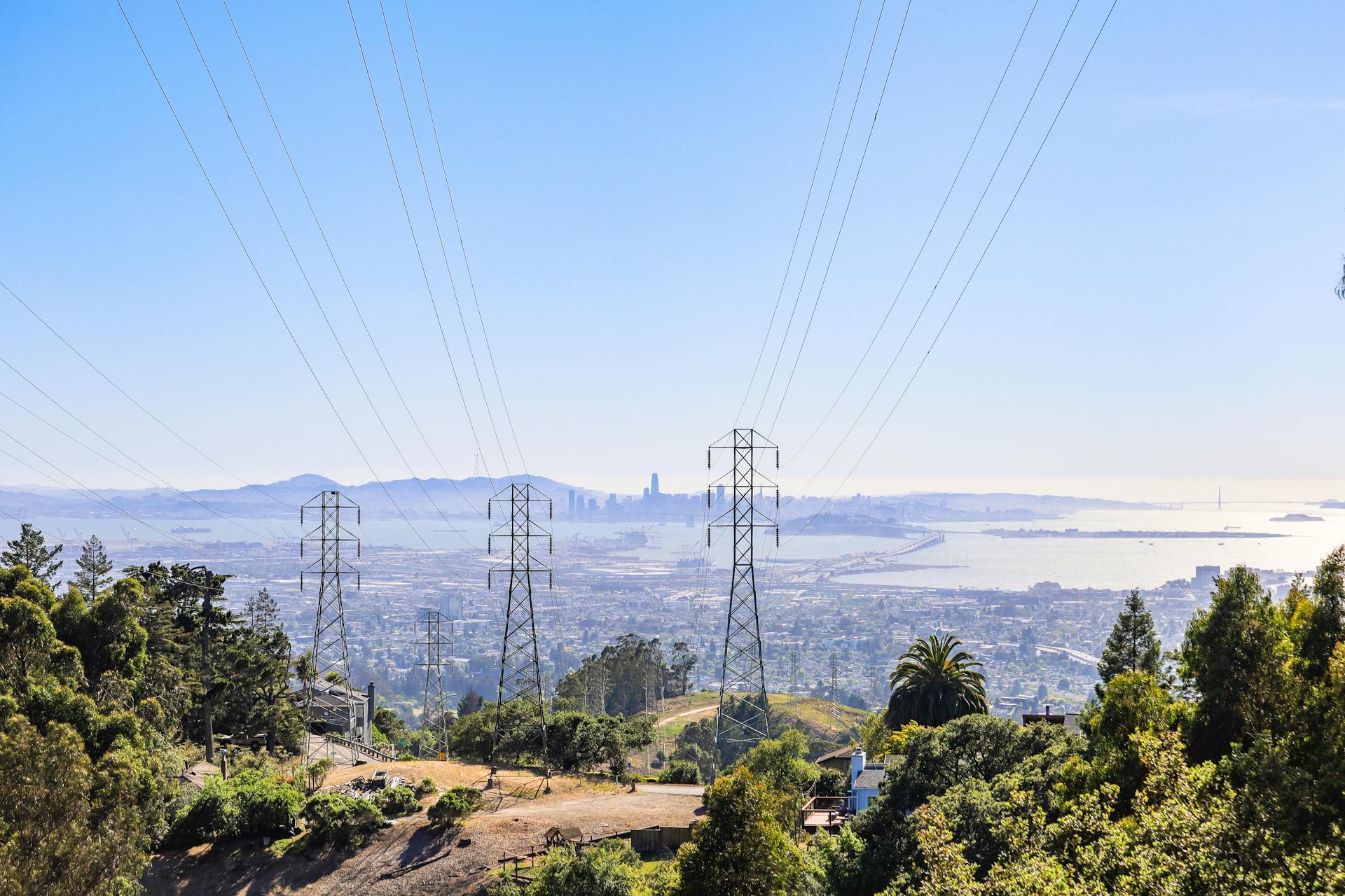 Transmission towers on a hill overlooking the Bay Area