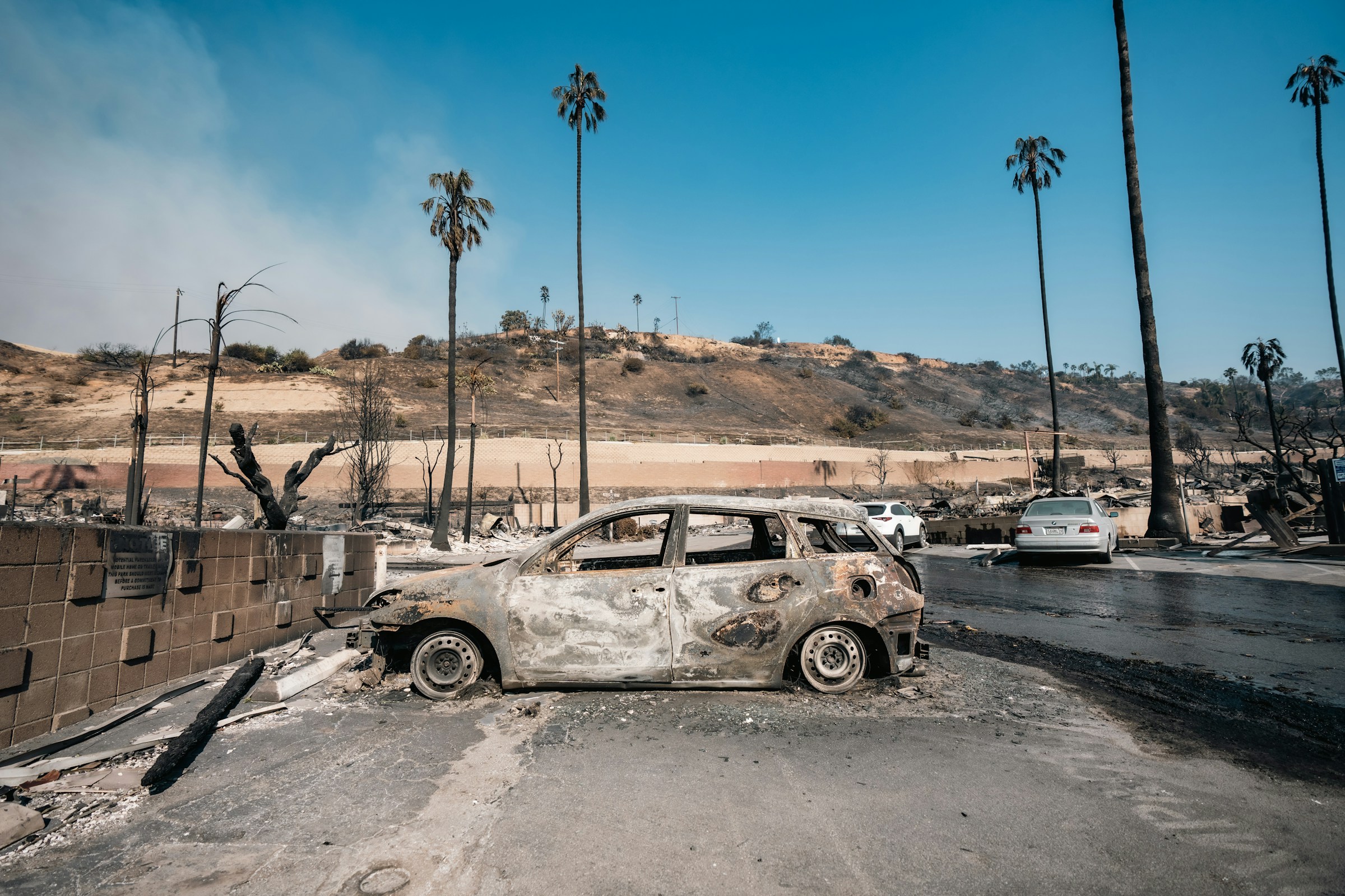 Aftermath of the 2025 Los Angeles Wildfires, with a burned car in a devastated neighborhood with dead palm trees in the distance