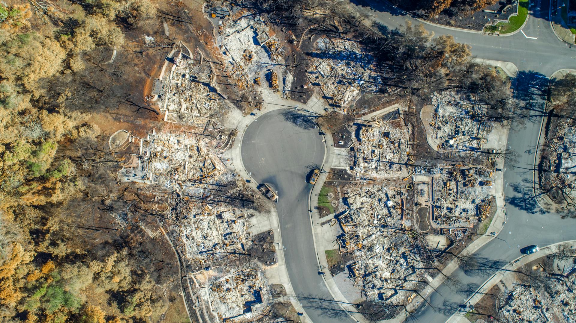aerial view of a neighborhood destroyed by wildfire
