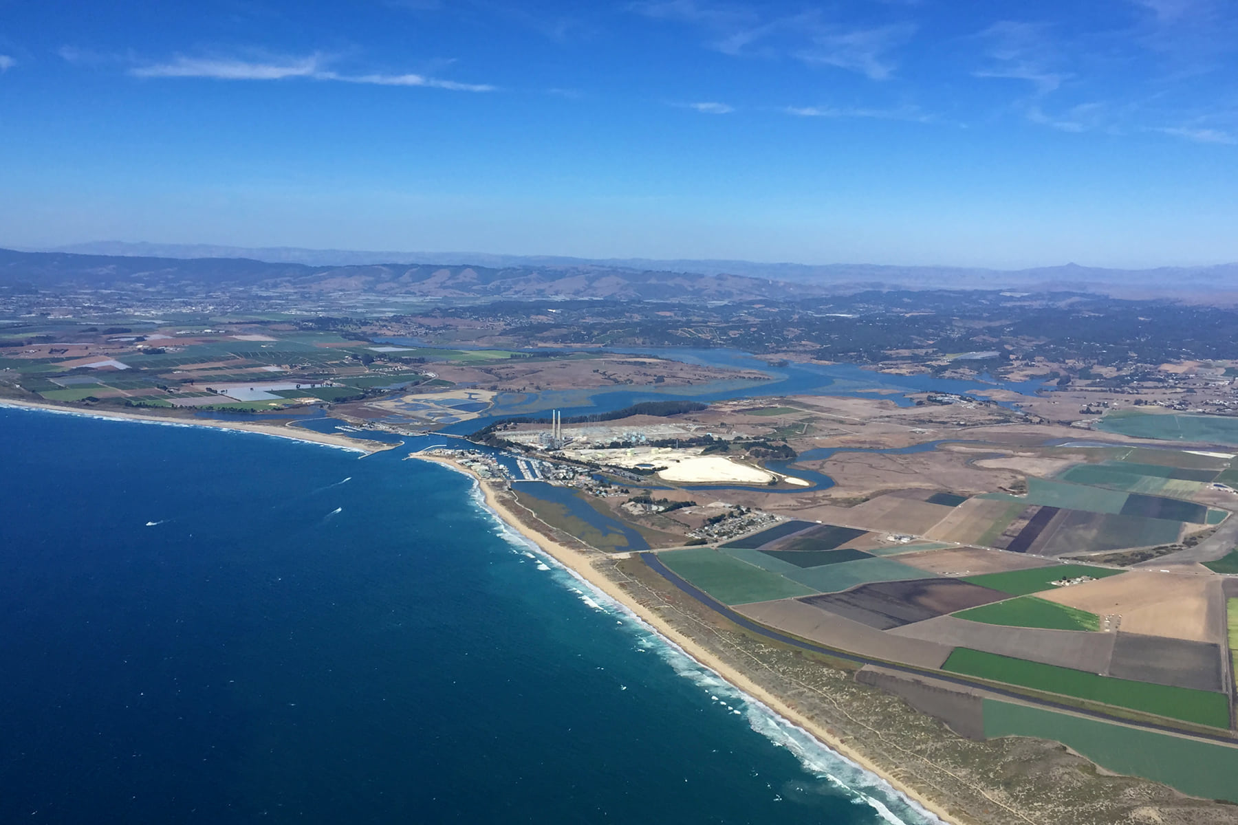 aerial view of moss landing, ca and the power plant